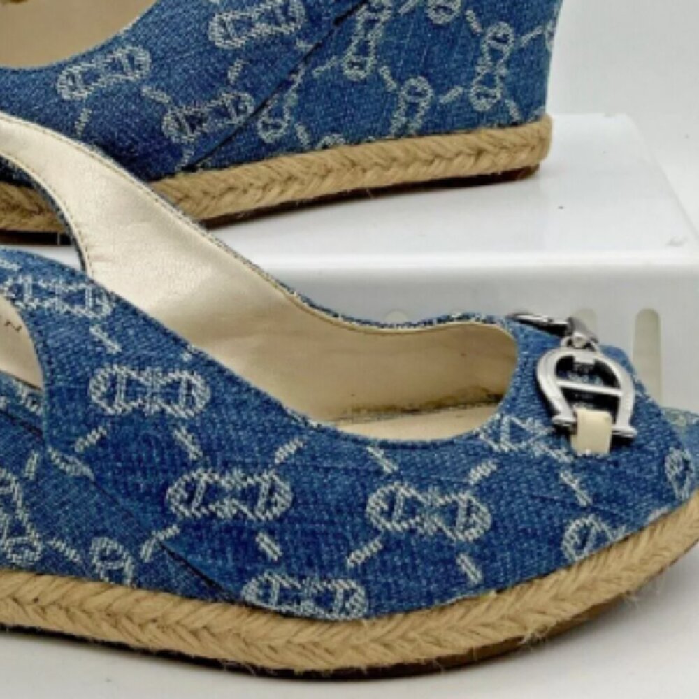 Etienne Aigner Blue Denim Logo Wedges with Tan Espadrille Sole